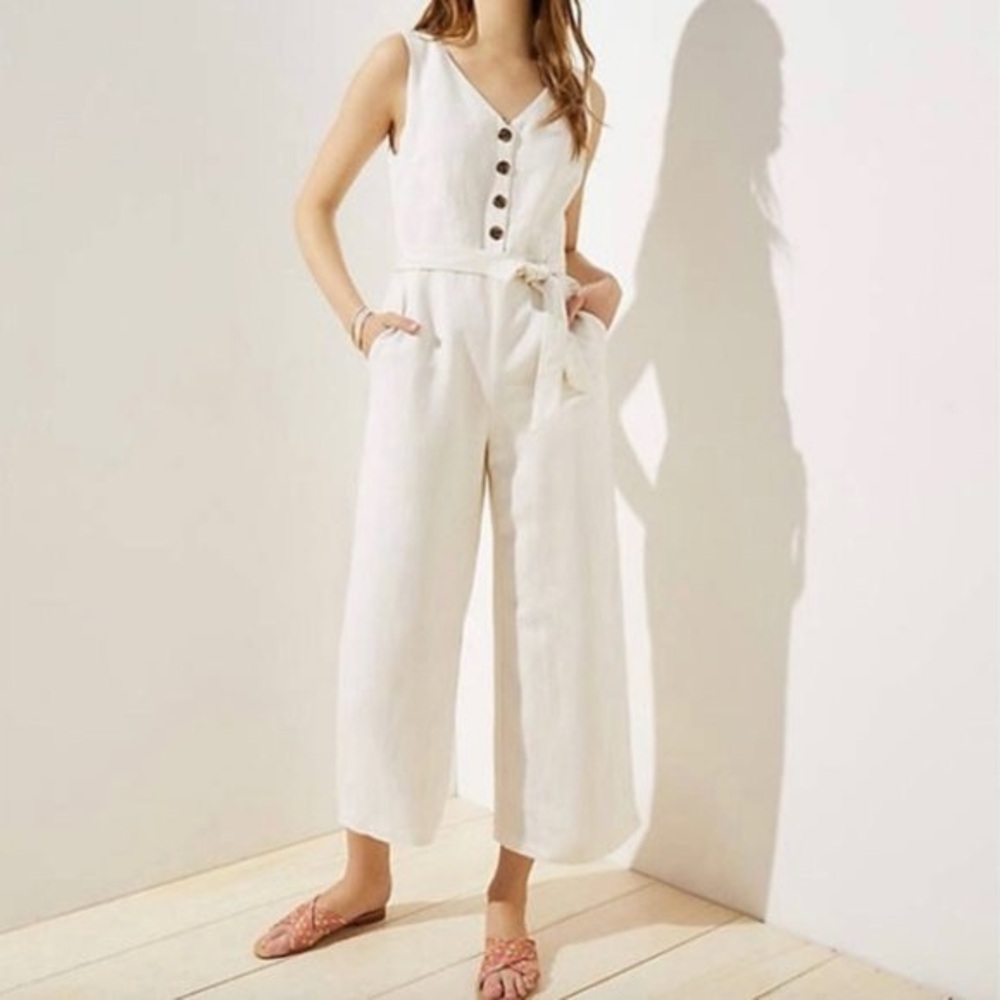 LOFT Cream Linen Button-Front Jumpsuit